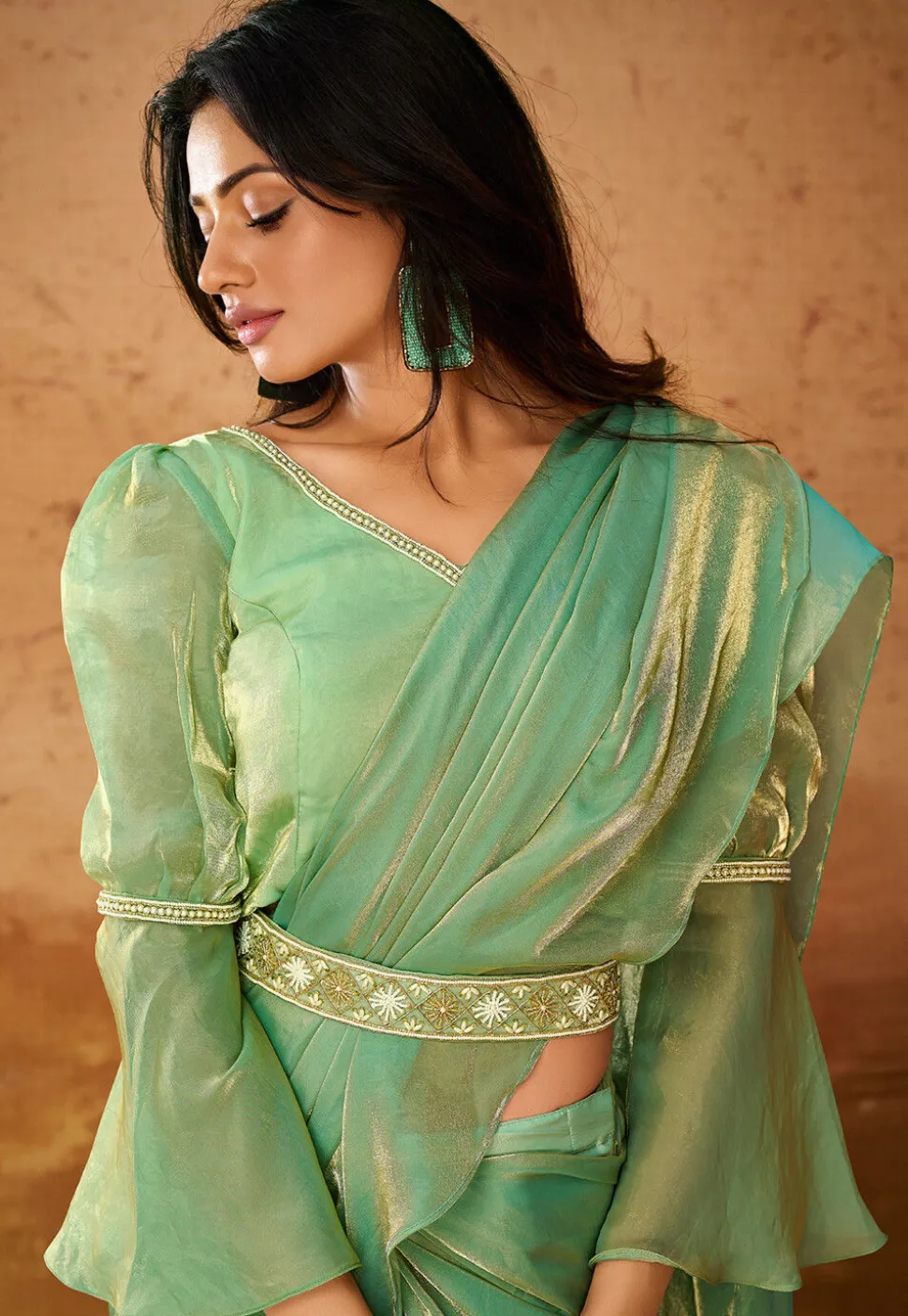 Pre Stitched Organza Saree in Green