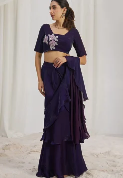 Pre Stitched Organza Saree in Purple