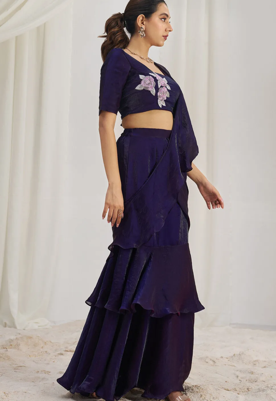 Pre Stitched Organza Saree in Purple