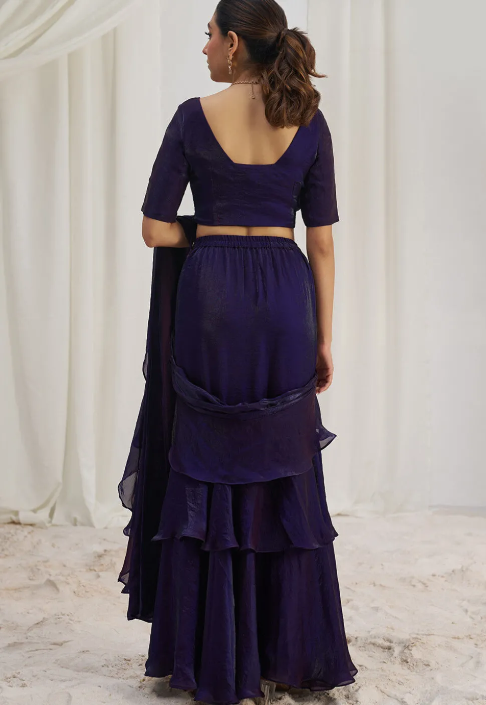 Pre Stitched Organza Saree in Purple