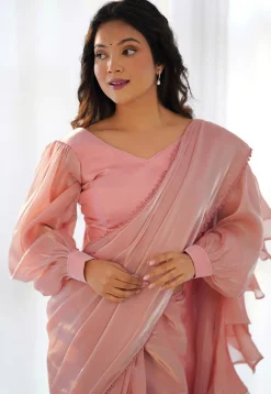 Pre Stitched Organza Saree in Peach
