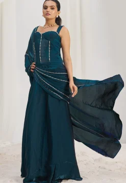 Pre Stitched Organza Saree in Teal Blue