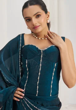 Pre Stitched Organza Saree in Teal Blue