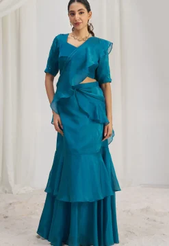 Pre Stitched Organza Saree in Blue