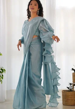 Pre Stitched Organza Saree in Sky Blue