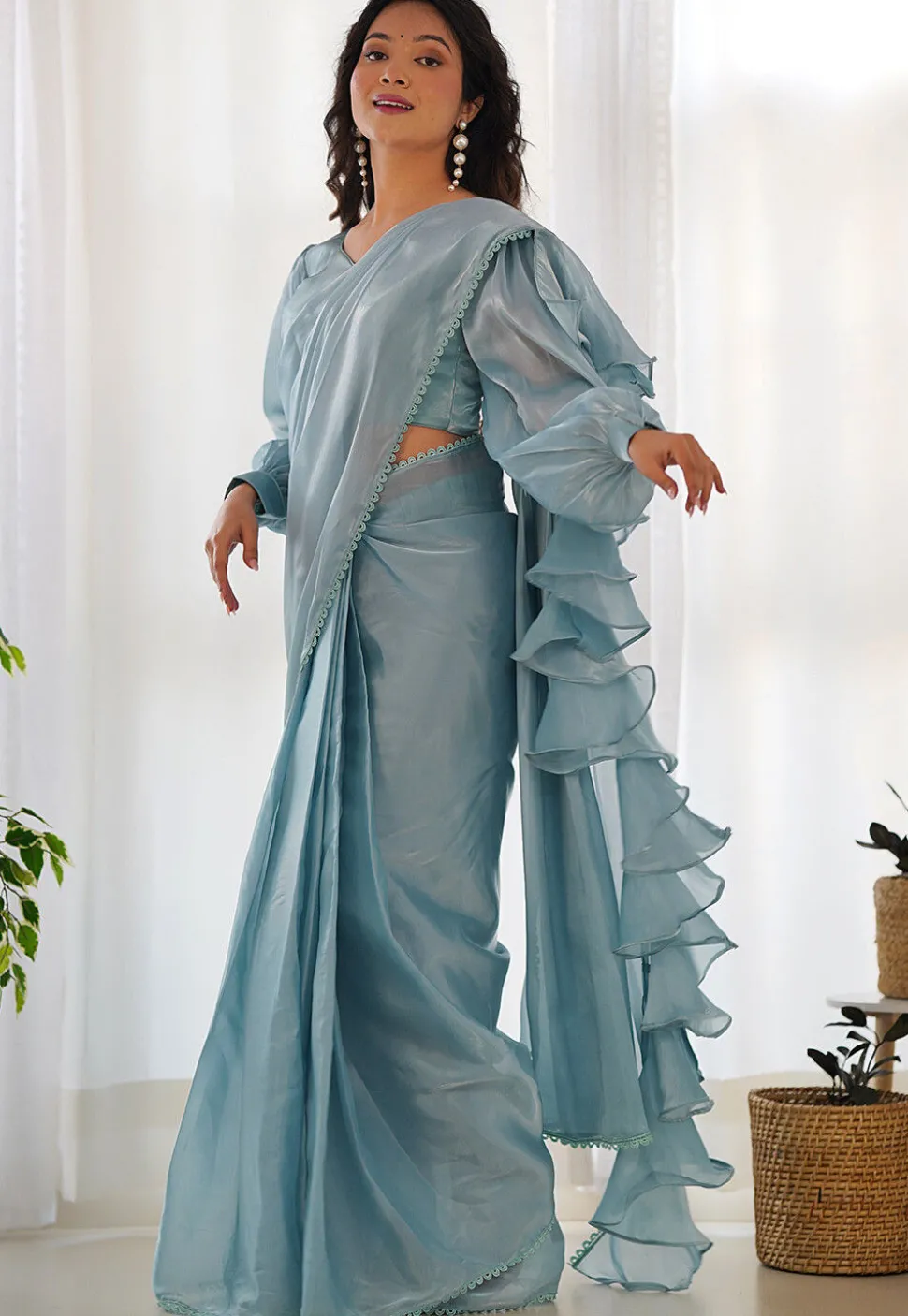 Pre Stitched Organza Saree in Sky Blue