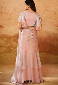 Pre Stitched Organza Saree in Peach