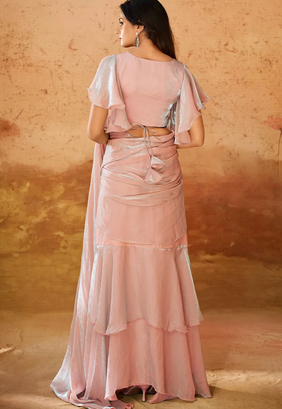 Pre Stitched Organza Saree in Peach