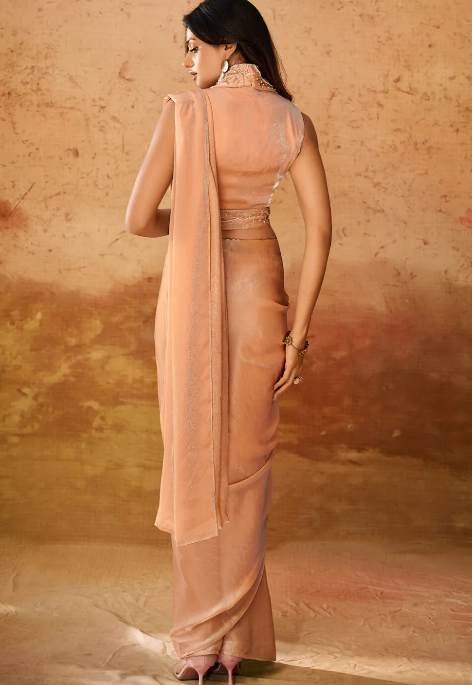 Pre Stitched Organza Saree in Beige