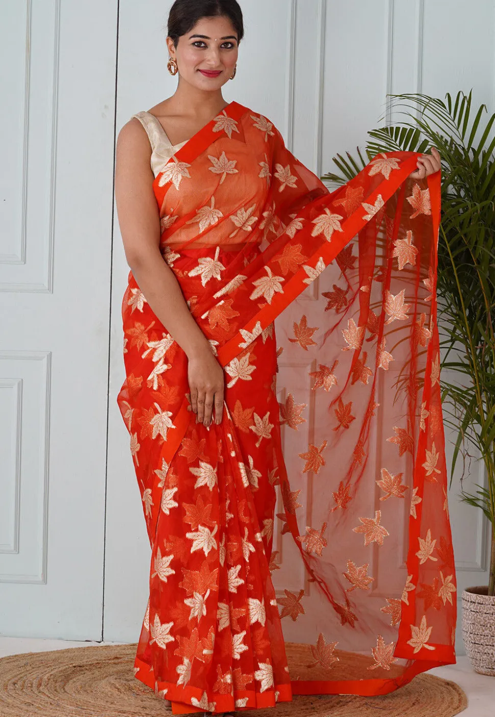 Pre Stitched Organza Saree in Orange