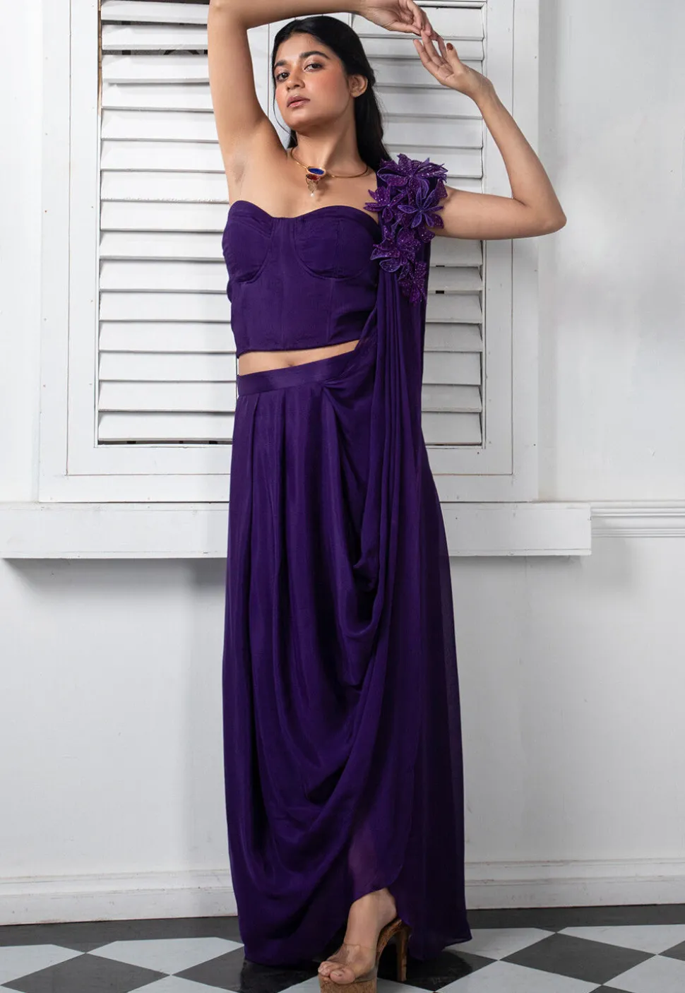 Pre Stitched Pure Chinon Chiffon Saree in Dark Purple