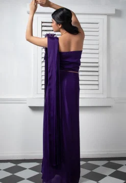 Pre Stitched Pure Chinon Chiffon Saree in Dark Purple