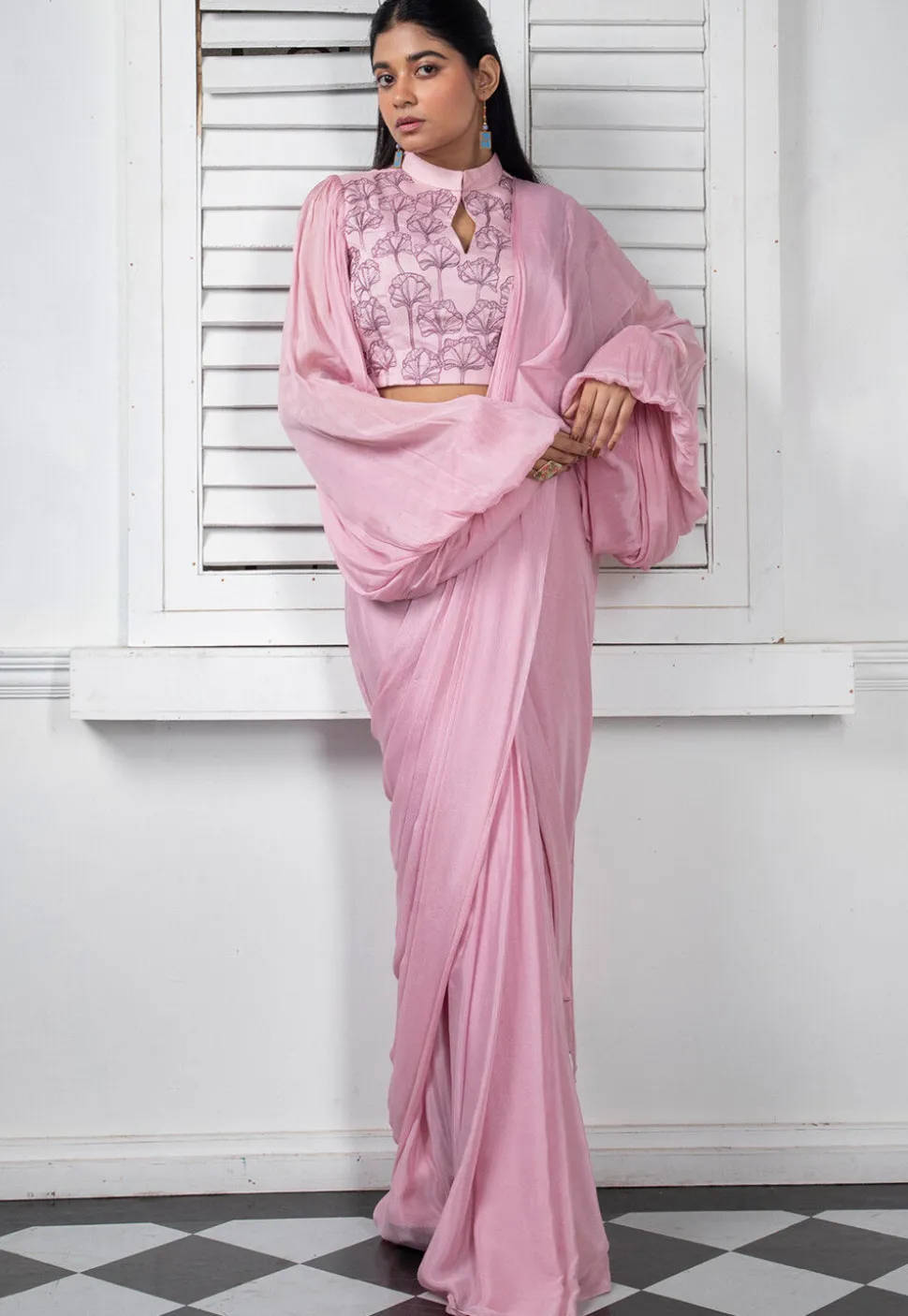 Pre Stitched Pure Chinon Chiffon Saree in Pink