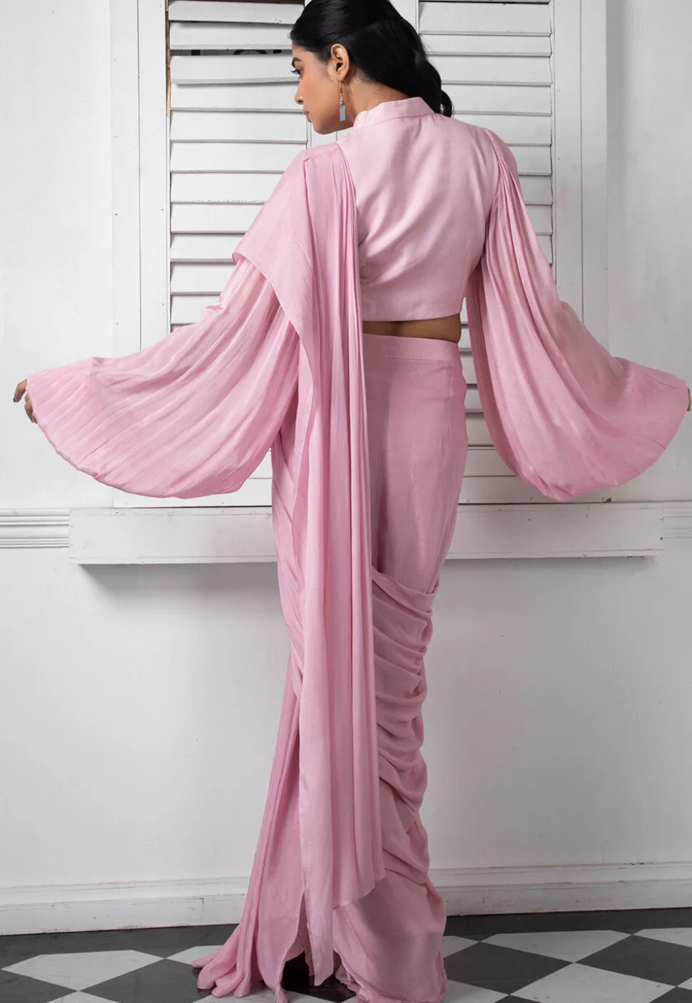 Pre Stitched Pure Chinon Chiffon Saree in Pink