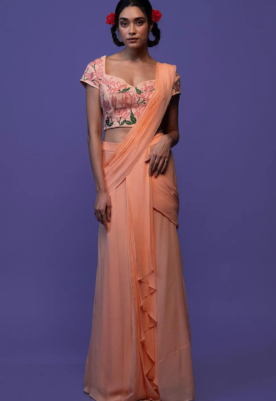 Pre Stitched Pure Georgette Saree in Peach