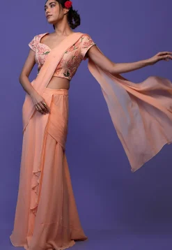 Pre Stitched Pure Georgette Saree in Peach