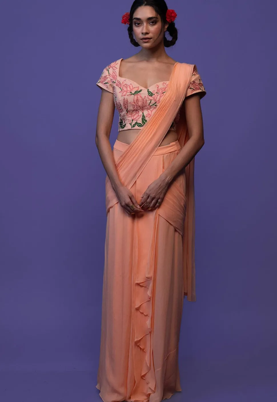 Pre Stitched Pure Georgette Saree in Peach