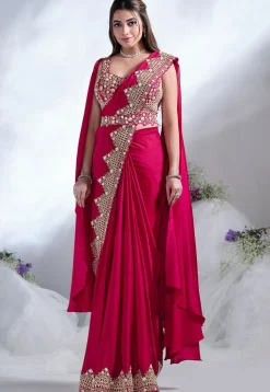 Pre Stitched Satin Crepe Saree in Red