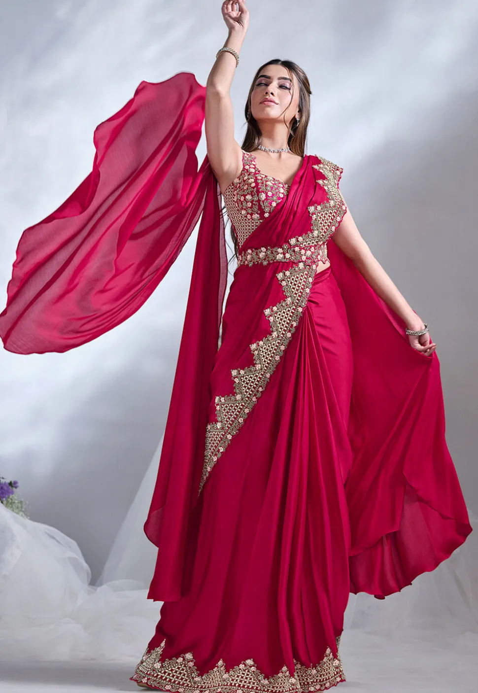 Pre Stitched Satin Crepe Saree in Red