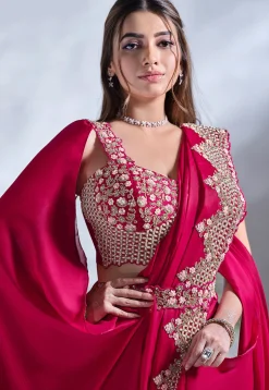 Pre Stitched Satin Crepe Saree in Red