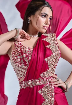 Pre Stitched Satin Crepe Saree in Red