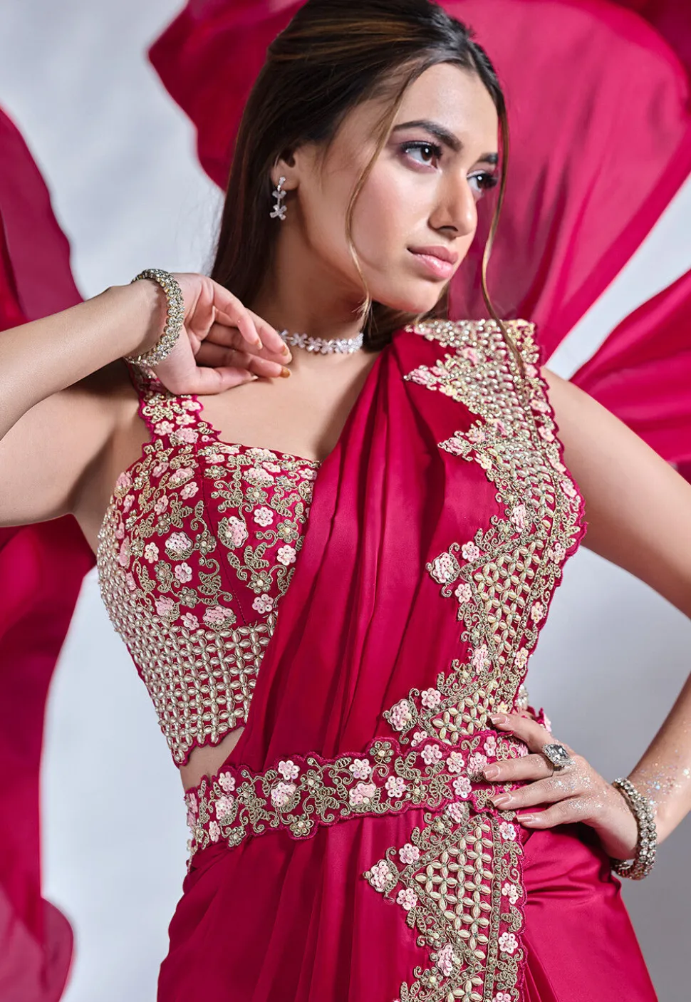 Pre Stitched Satin Crepe Saree in Red