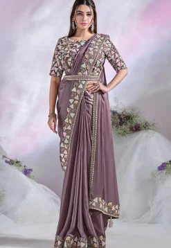 Pre Stitched Satin Crepe Saree in Purple