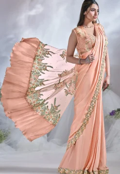 Pre Stitched Satin Crepe Saree in Peach