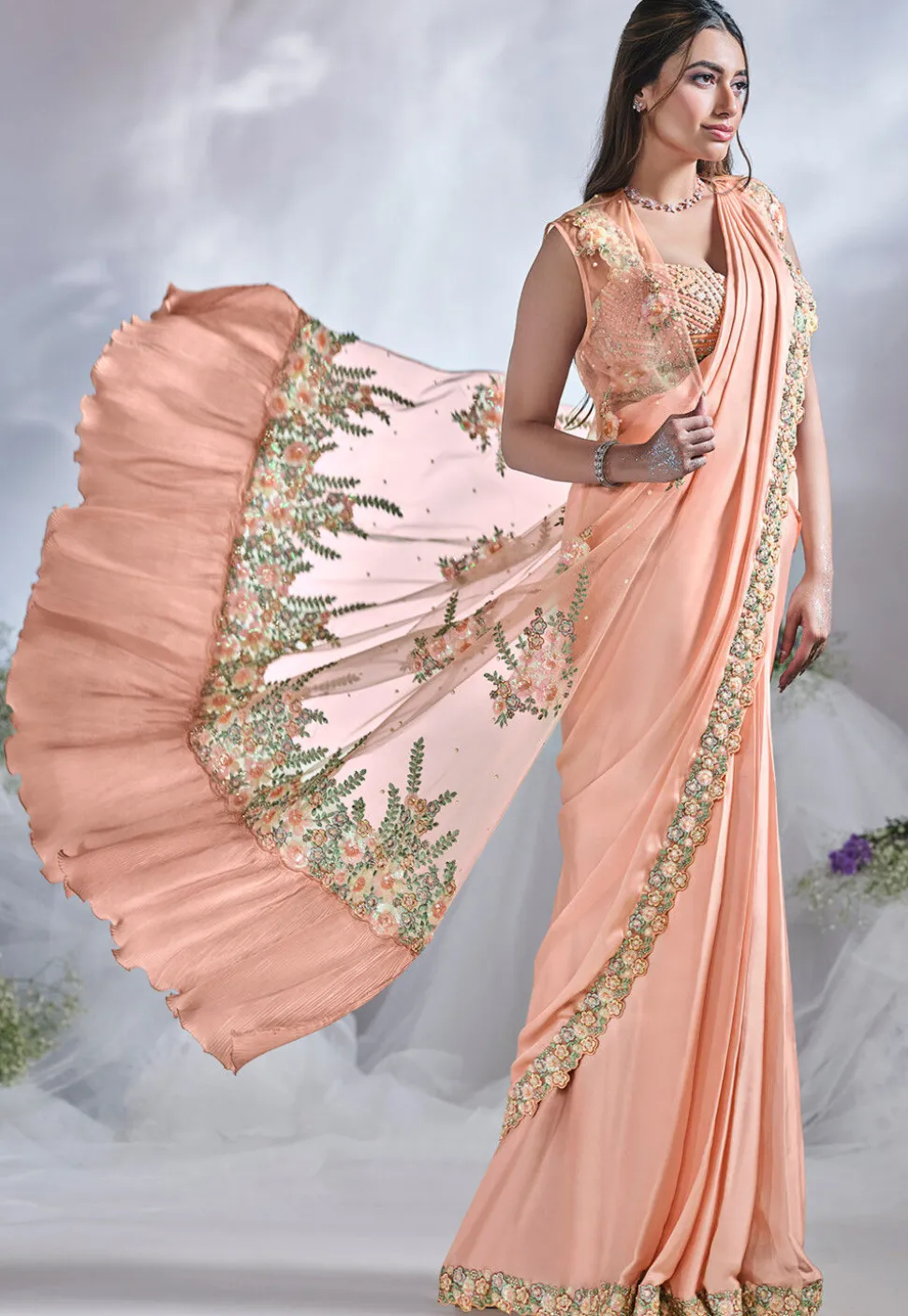Pre Stitched Satin Crepe Saree in Peach
