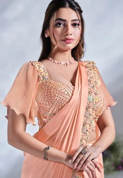 Pre Stitched Satin Crepe Saree in Peach