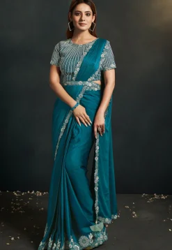 Pre Stitched Satin Crepe Saree in Teal Blue