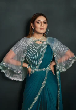 Pre Stitched Satin Crepe Saree in Teal Blue