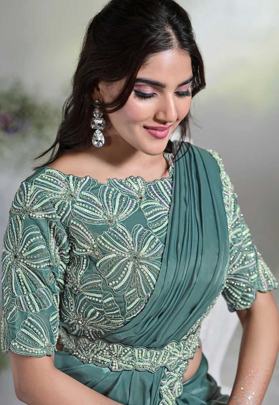 Pre Stitched Satin Crepe Saree in Sea Green