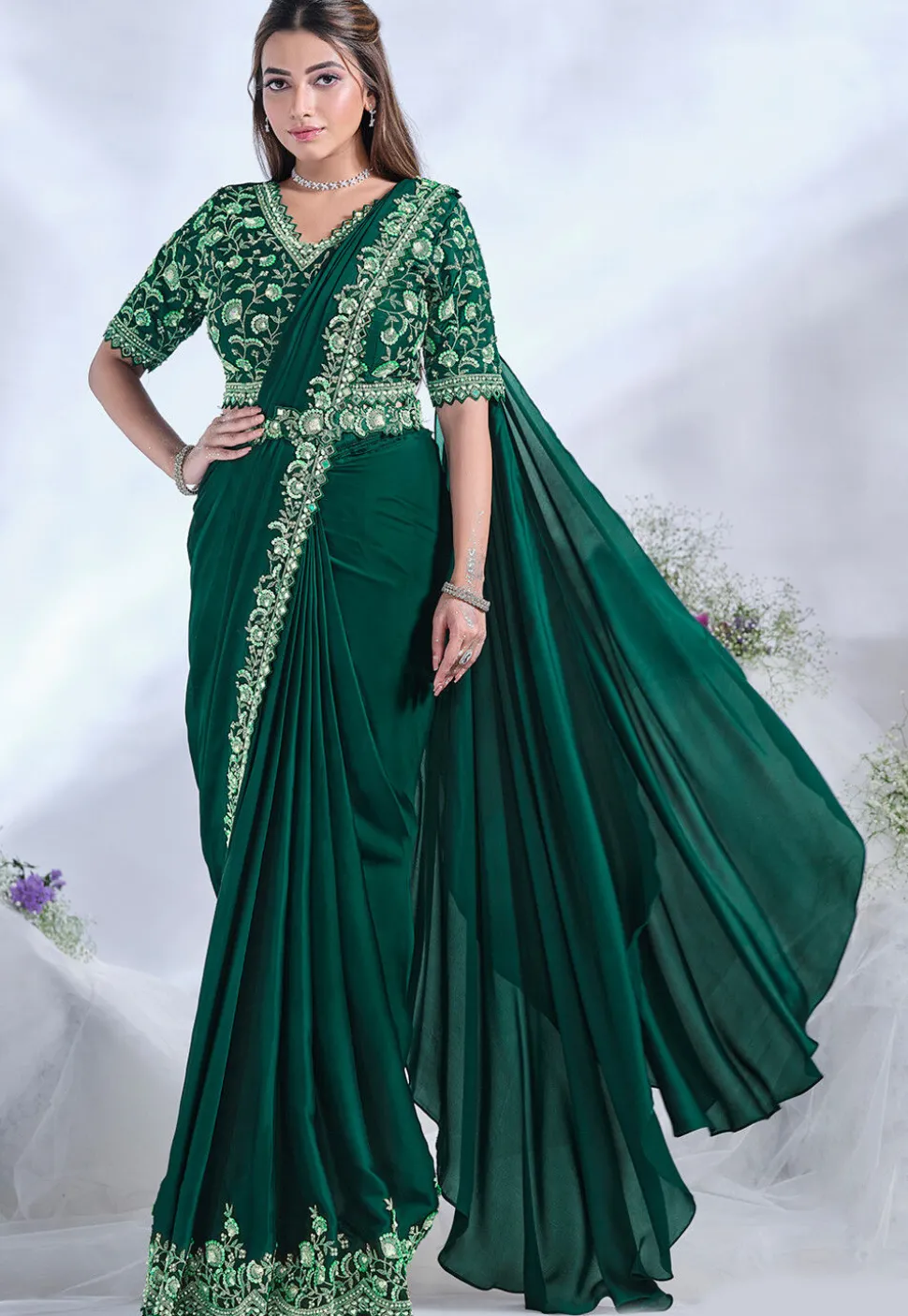 Pre Stitched Satin Crepe Saree in Green