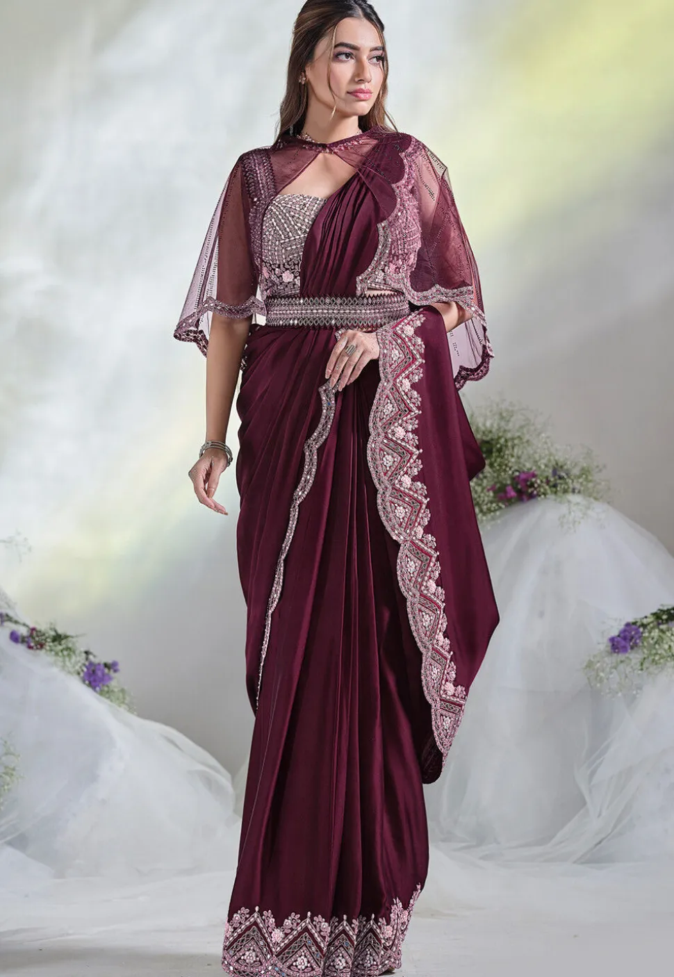 Pre Stitched Satin Crepe Saree in Wine