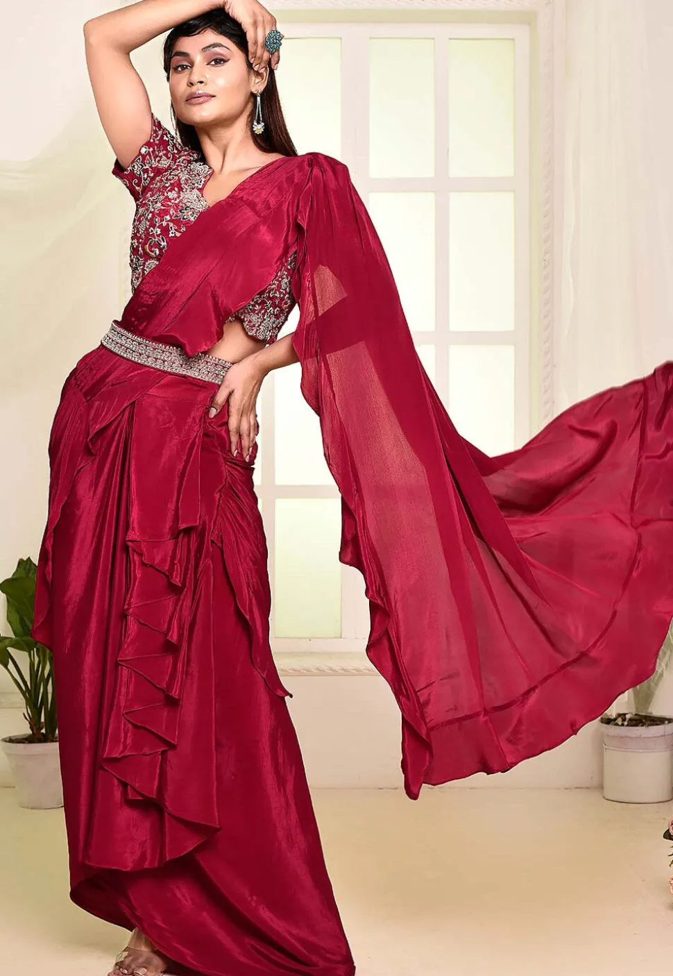 Pre Stitched Satin Georgette Hand Embroidered Saree in Fuchsia