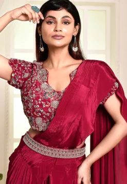 Pre Stitched Satin Georgette Hand Embroidered Saree in Fuchsia