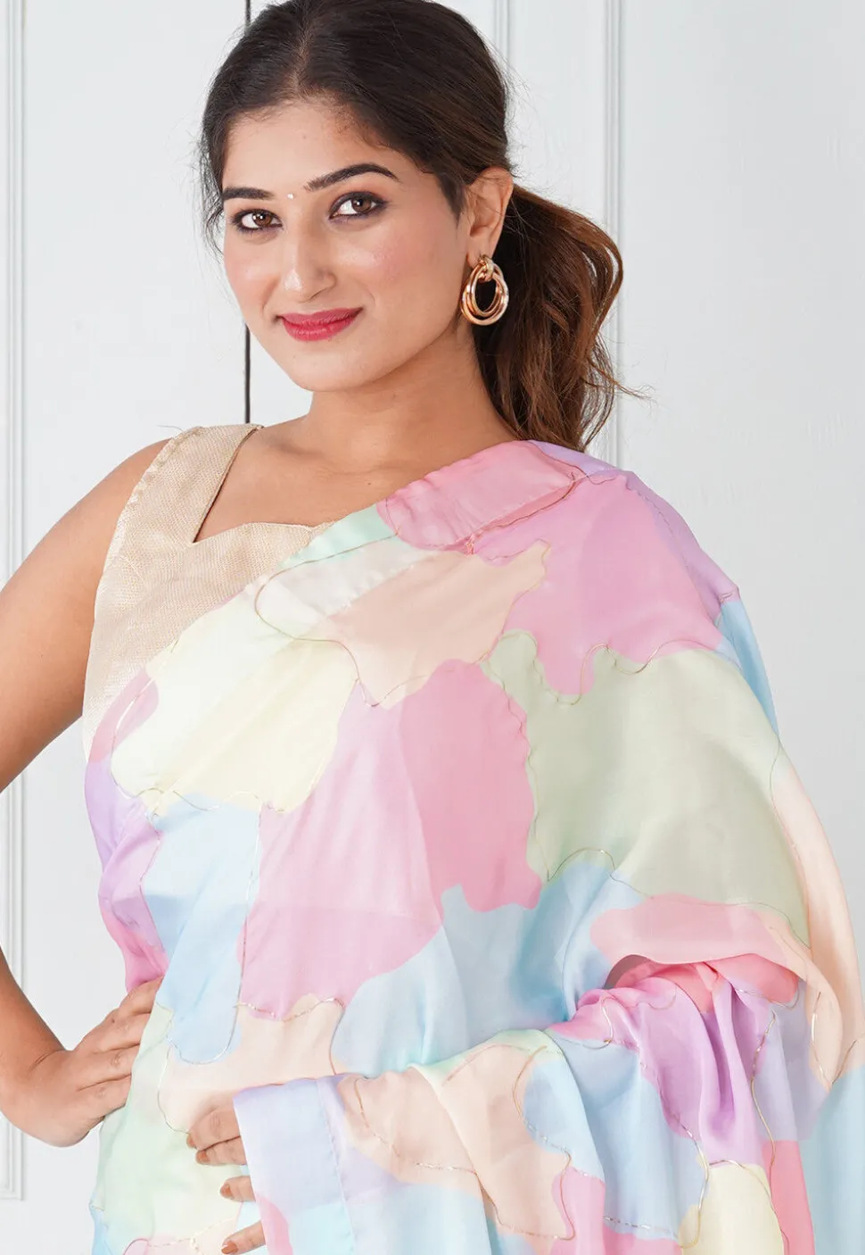 Pre Stitched Satin Georgette Saree in Multicolor