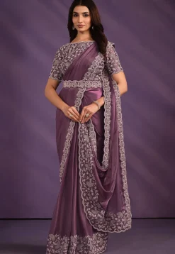 Pre Stitched Satin Saree in Purple