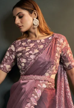 Pre Stitched Satin Saree in Old Rose