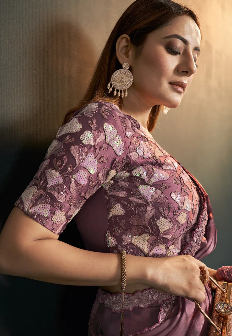 Pre Stitched Satin Saree in Old Rose