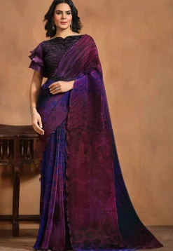 Pre Stitched Satin Silk Accordion Saree in Purple