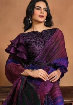 Pre Stitched Satin Silk Accordion Saree in Purple