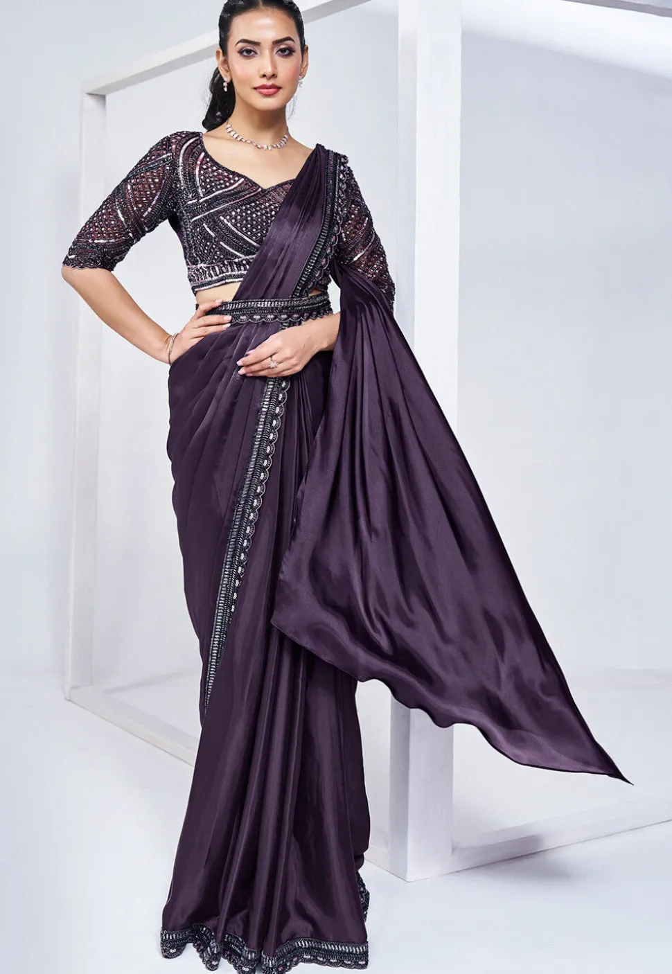 Pre Stitched Satin Silk Saree in Purple
