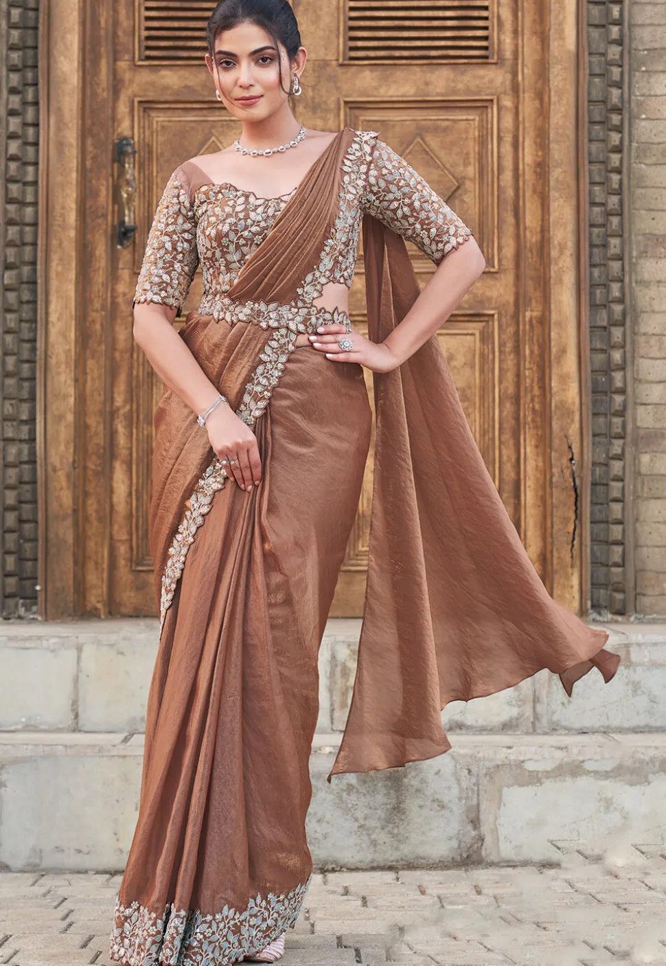 Pre Stitched Satin Silk Scalloped Saree in Brown