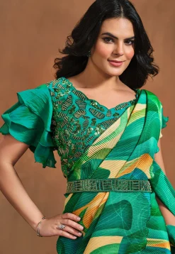 Pre Stitched Satin Silk Saree in Green