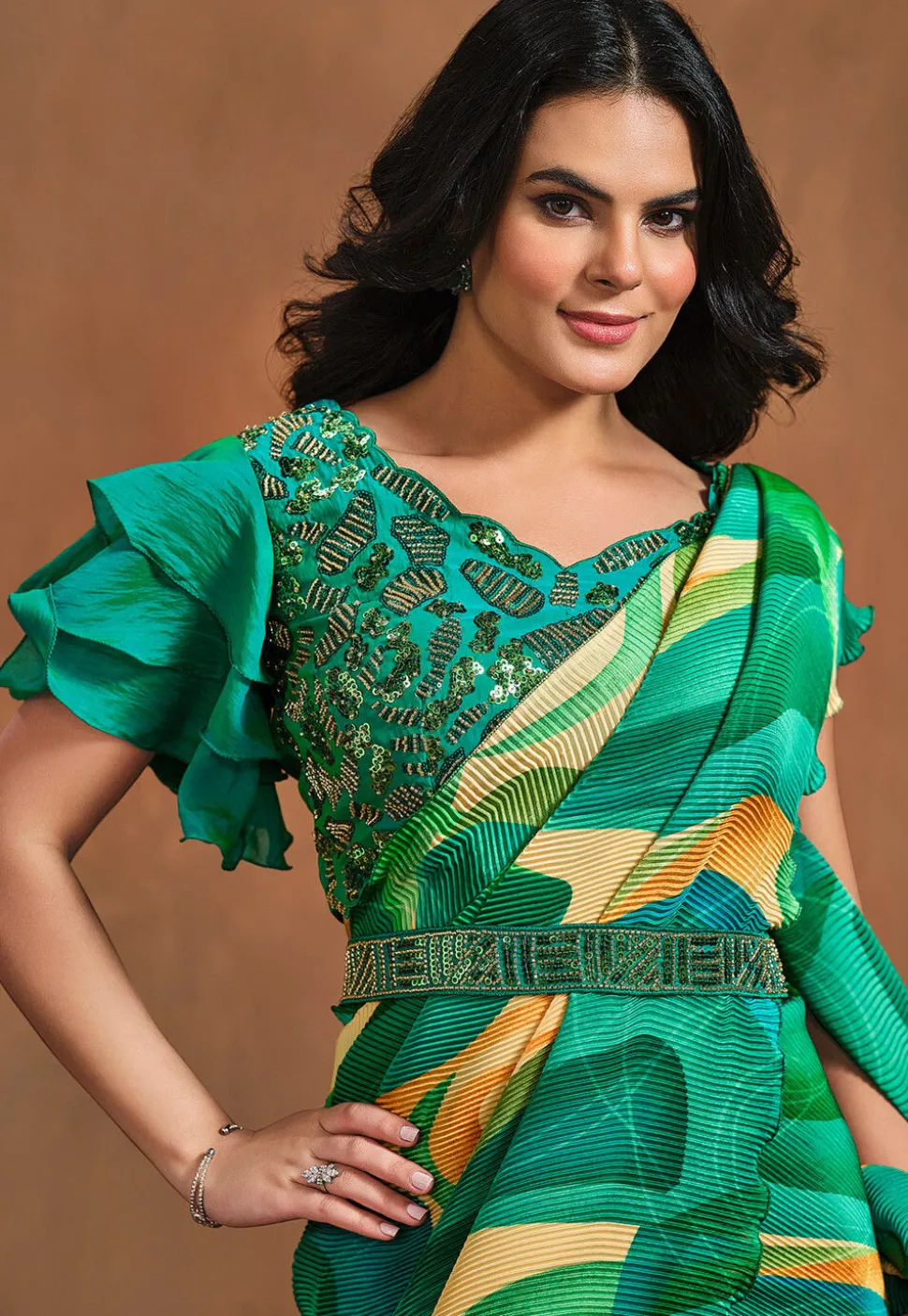 Pre Stitched Satin Silk Saree in Green