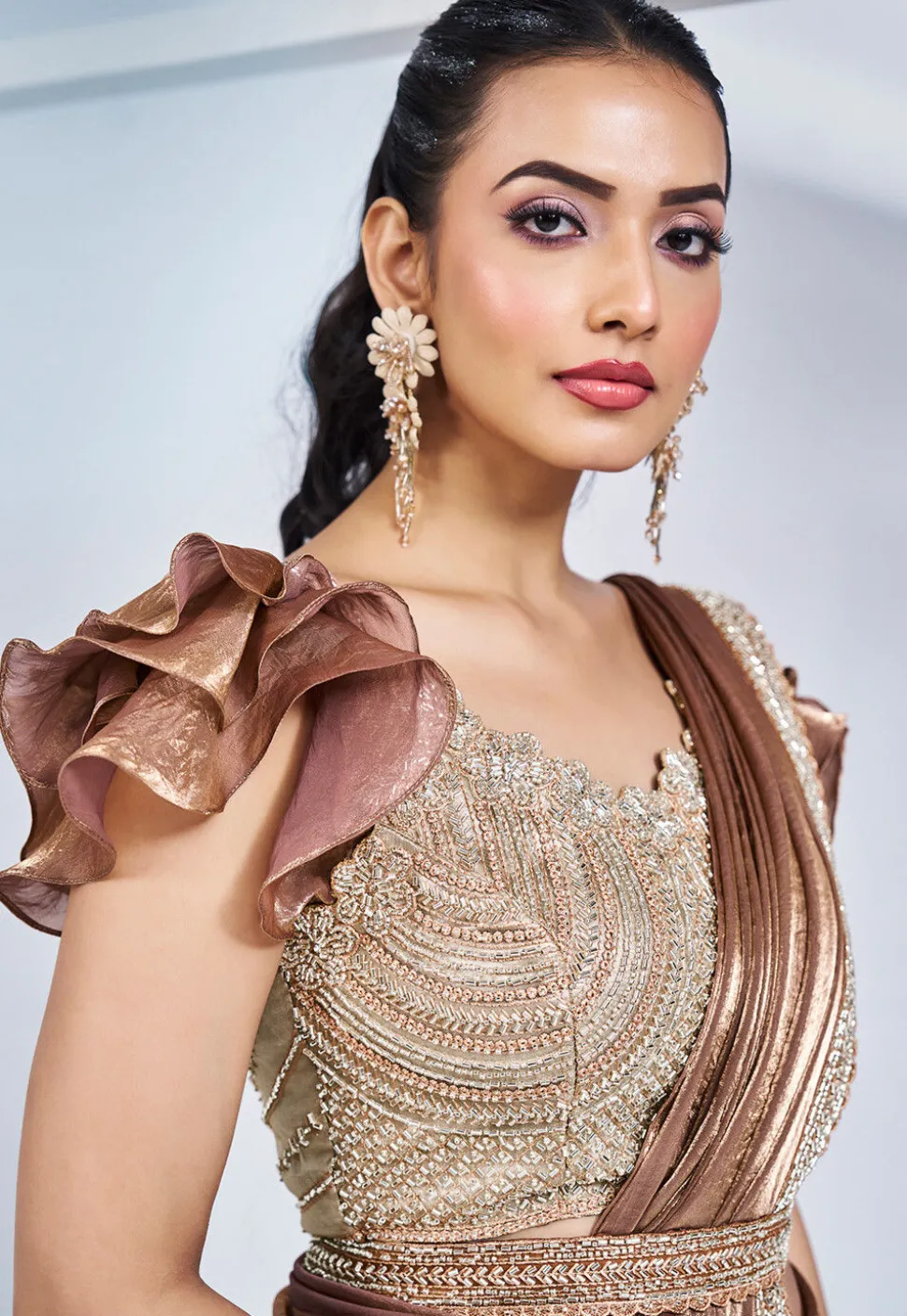 Pre Stitched Satin Silk Saree in Brown
