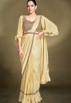 Pre Stitched Satin Silk Scalloped Saree in Yellow