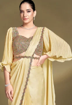 Pre Stitched Satin Silk Scalloped Saree in Yellow